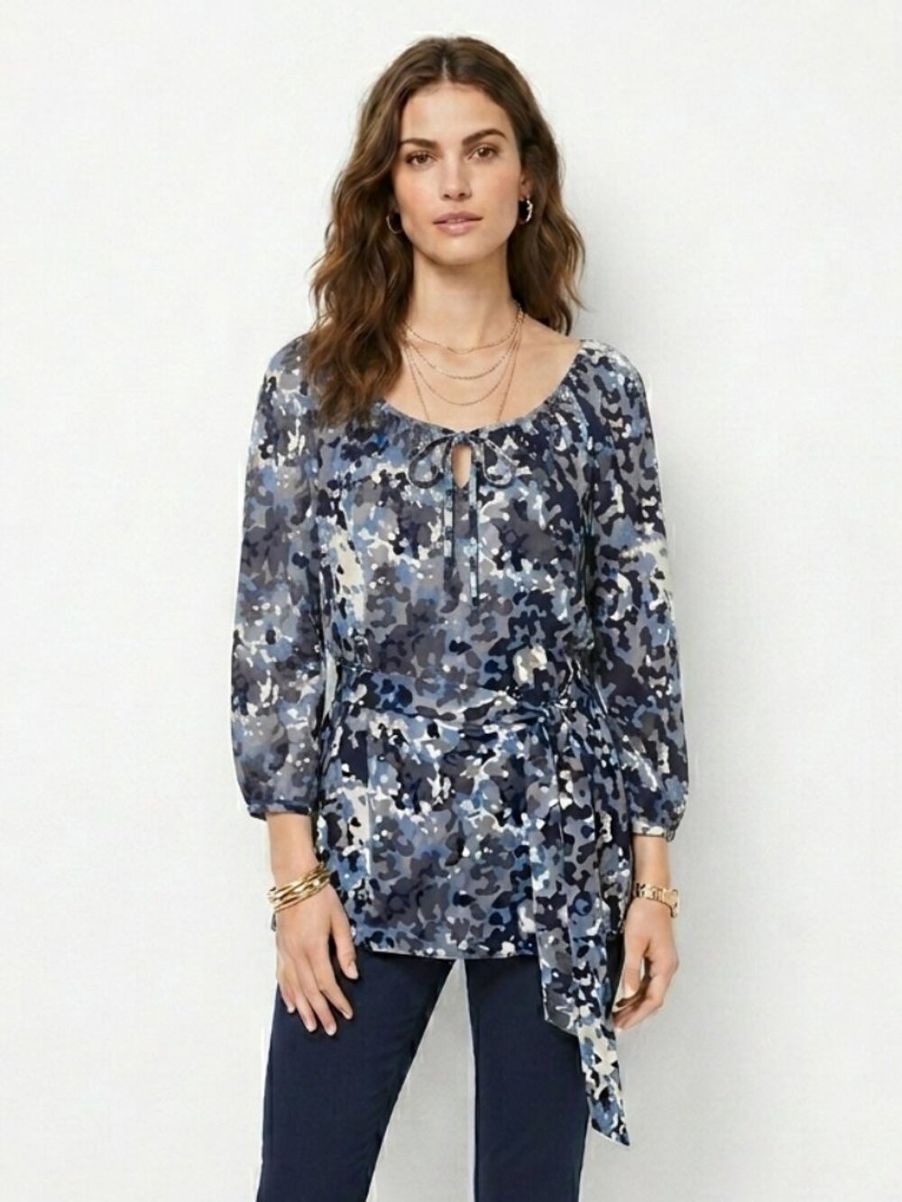 MICHAEL Michael Kors 100% Silk Blue Camouflage Tunic Blouse Drawstring Hem Sz M